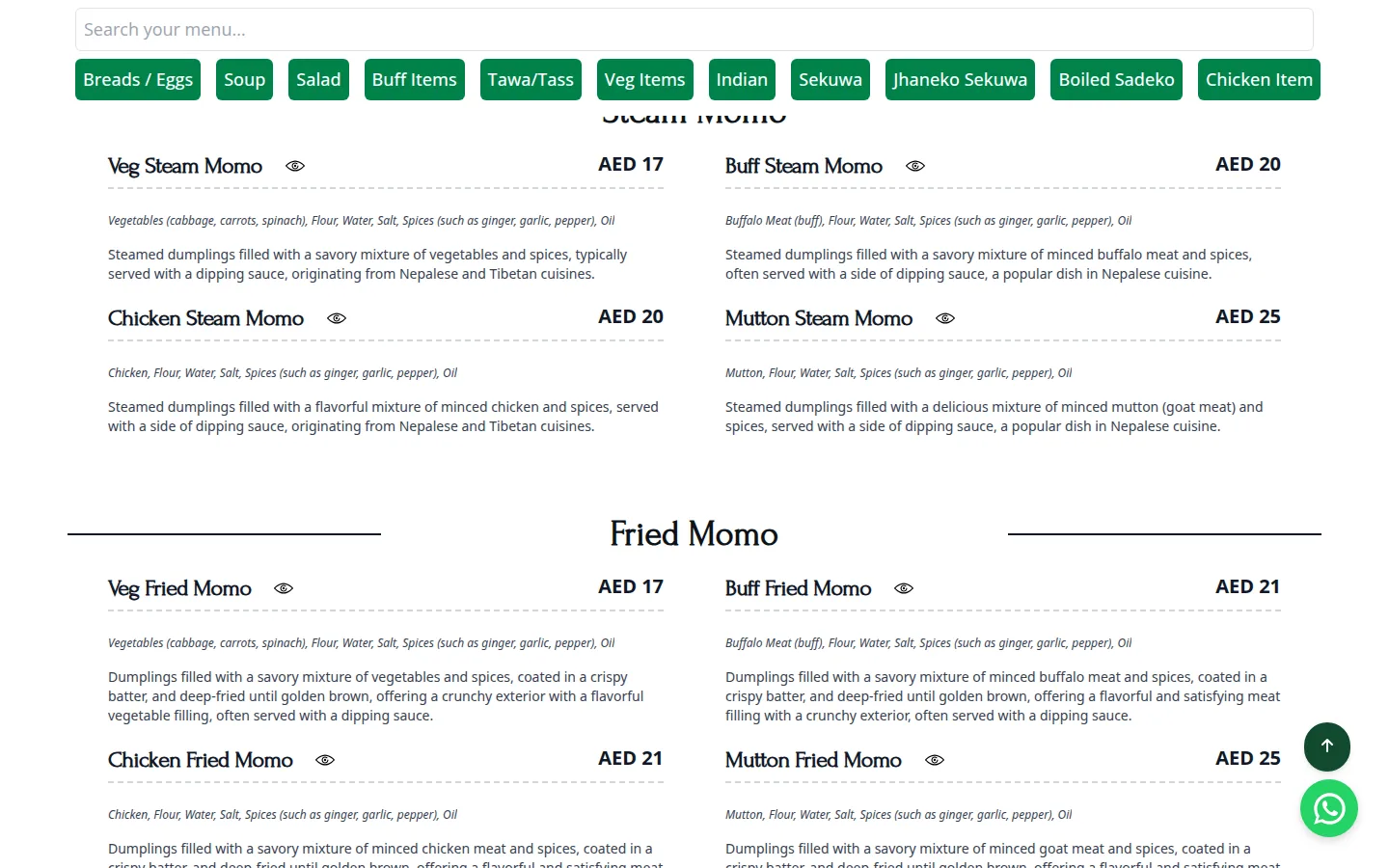 Vansha Ghar steamed and fried momo menu with prices in AED
